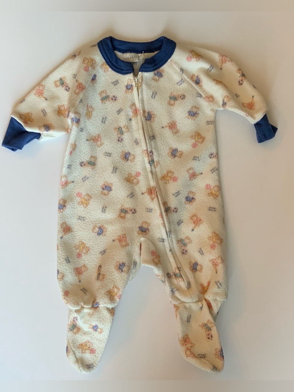 Vintage 80s Baby Footed One-Piece in Cream with Blue Trim